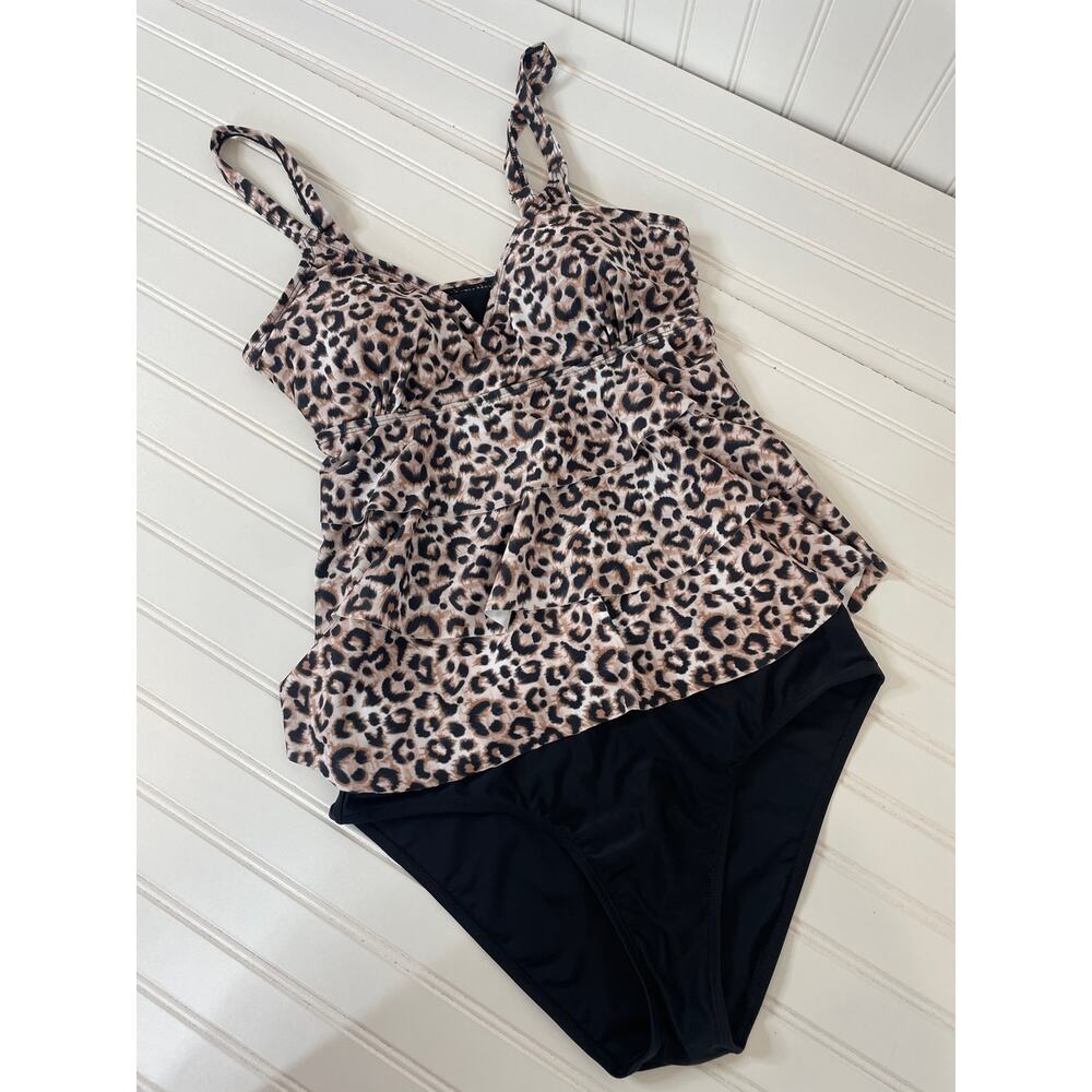 Nicole Miller Animal Print Tiered Padded Tankini & Black Bikini Bottom Size M